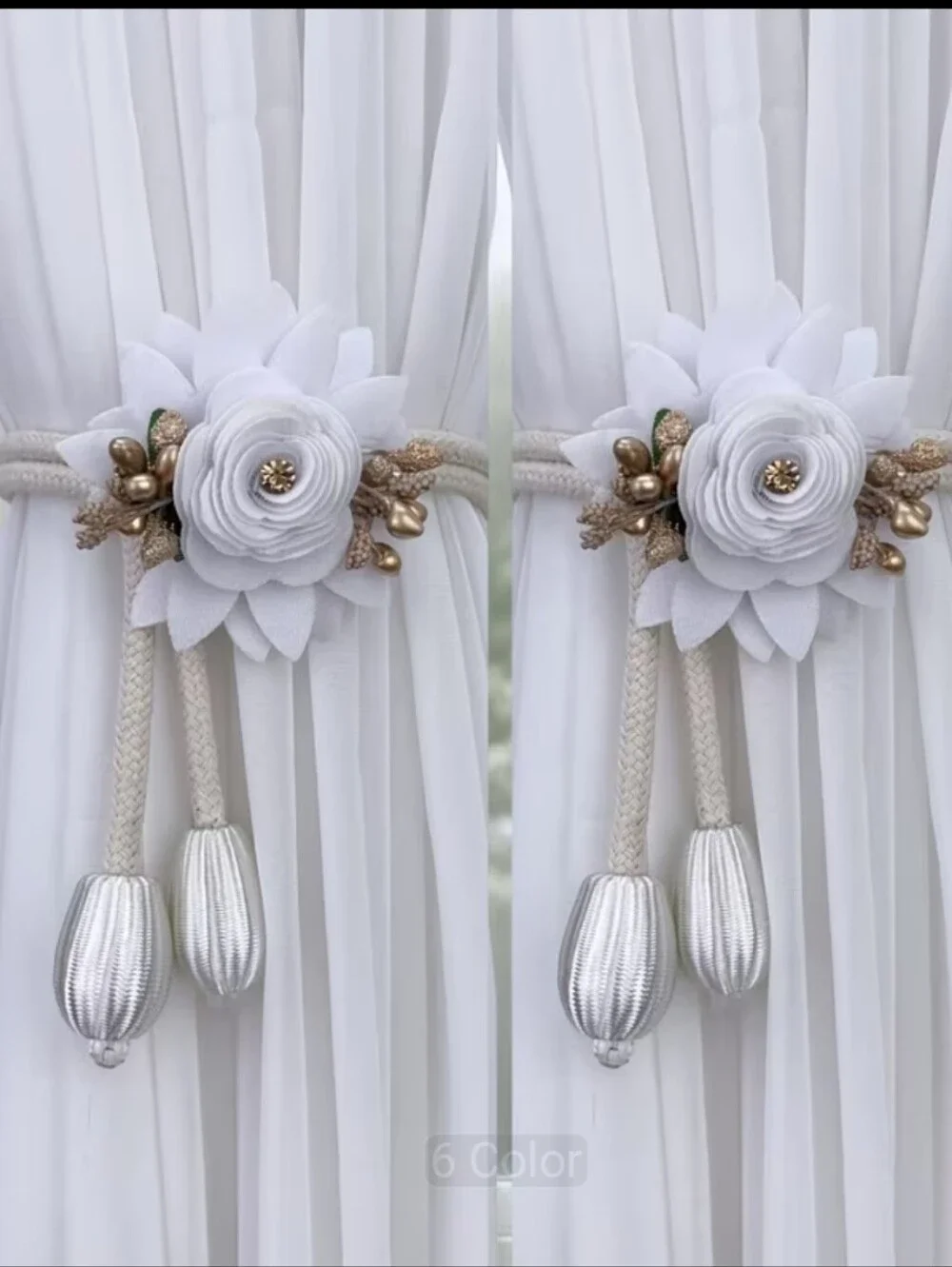 2 Piece Elegant Floral Curtain Tie-Backs. White.